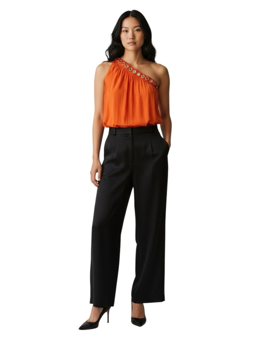 Ramy Brook “Bria” One-Shoulder Eyelet Top in Tiger Orange XXS NWT